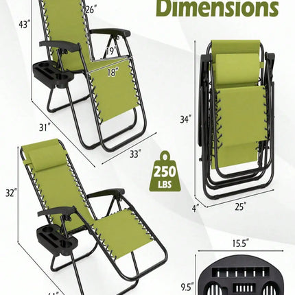 Portable Zero Gravity Chair With Cup Tray & Backrest, Lockable Reclining Anti-Gravity Lounger, Quick-Fold Outdoor Patio Recliner With Pillow, Lightweight Folding Yard Chair With Carry Handle
