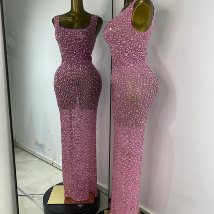 Women Luxury Pink Full Rhinestones Split Maxi Long Dress Birthday Evening Party Nightclub Stage Costomes Celebrity Prom Gowns