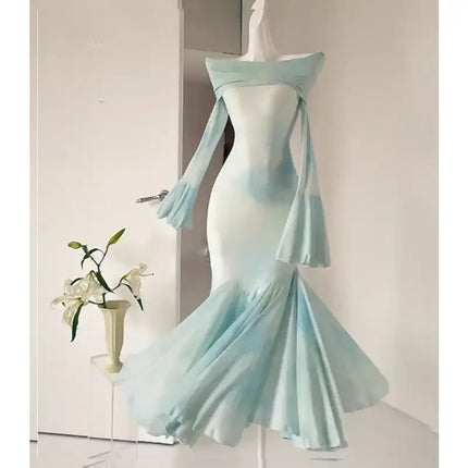 Women's Plus Size Off Shoulder Long Sleeve Mermaid Maxi Dress Fall French Elegant Bodycon Formal Gown