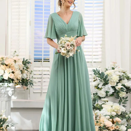 A Line Chiffon Bridesmaid Dresses Short Sleeve V Neck Slit Pleat Elegant Wedding Party Formal Prom Evening Zipper Back