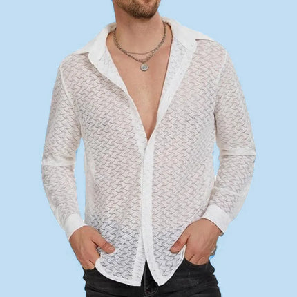 Casual Transparent Mesh Long Sleeve Shirt New Sexy Perspective Men Long Sleeve V-neck T-shirt Top Bar Club Hollow Mesh Men's Top