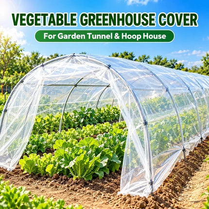 Clear greenhouse film covering vegetables in a hoop house