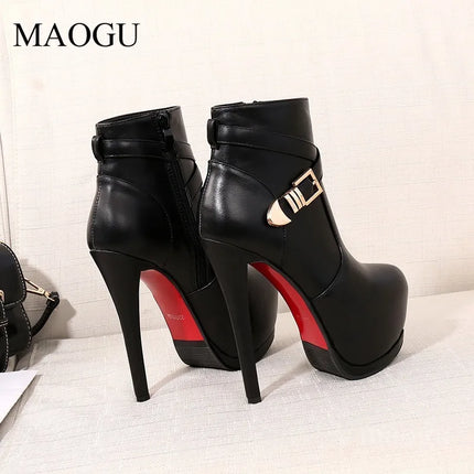 Women's Black Stiletto Ankle Boots Round Toe Buckle Strap High Heel Platform Boots Side Zipper Female Short Botas Botte Femme