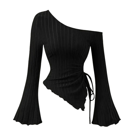 Women's Off-Shoulder Cross Long-Sleeved Slim Fit T-Shirt Asymmetrical Street Style Casual Elegant Top with Trumpet Sleeves