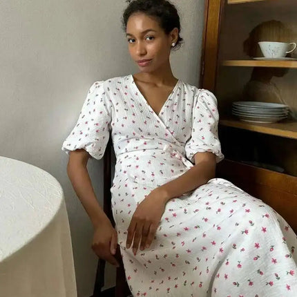 Summer Women Psrinted Dress Lace Up Short Sleeve Fashion Office Lady Long Dress 100% Cotton Daily Casual V-neck Dress ZAM8