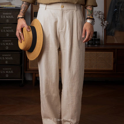 Red Tornado Linen Cotton Casual Pants Summer Men's Lightweight Breathable Leisure Trousers Loose Fit