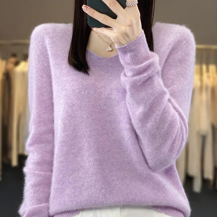 Fashion100% Merino Wool Sweater Cashmere  Pullover Women Knitwear V-Neck Long Sleeve  Autumn Winter Fashion Basic Clothing  Tops