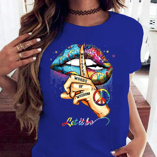 BAUMWOLLE 100% Lockerer Rundhalsausschnitt Kreativer Mund Kurzarm-T-Shirt Damen Oversized T-Shirt Oberteile Ästhetische Kleidung
