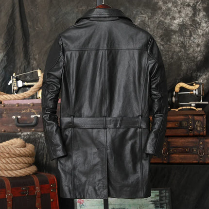 2025 Black Long Casual Style Cowhide Lapel Windbreake Men's Leather Jacket Natural Calf Skin Thick Double Breasted Men Clothing