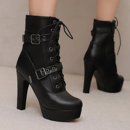 Women Punk Style Lace-Up Ankle Boots Belt Buckle Platform High Heels Short Boot Female White Autumn Winter Round Toe Shoes 2025