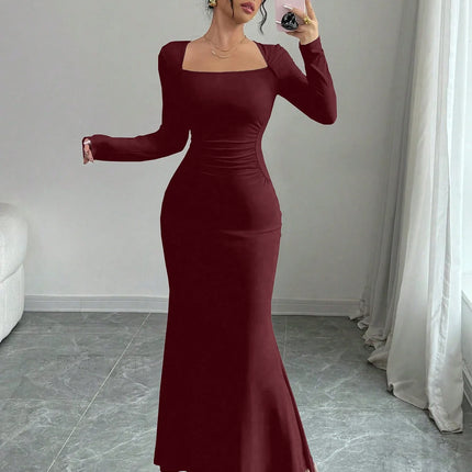 Women's Four Seasons New Style Women's Elegant Temperament Retro Solid Color Square Collar Long Sleeve Dress