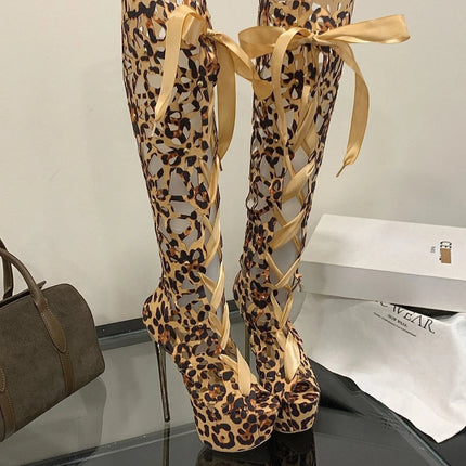 16CM Ultra Thin High Heels Sexy Nightclub Hollow Out Over The Knee Boots Women Peep Toe Lace-Up Zip Platform Shoes Sandals