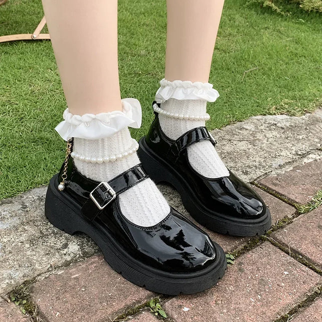Damen Luxus Perlen Mary Jane Lederschuhe Frühling/Herbst Mode Bequeme Elegante Flache Schwarze Spazierschuhe Zapatos Mujer