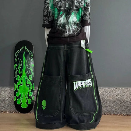Y2K retro graffiti pattern washed loose hip hop plus size skateboard straight jeans sports casual reflective layered trousers