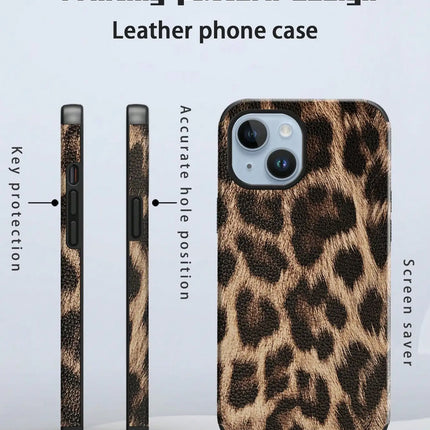 1 Leopard Print Pu Leather Anti-Fall and Shock-Proof Belt Spin Design Leather Craft Mobile Phone Soft Case Suitable for iPhone