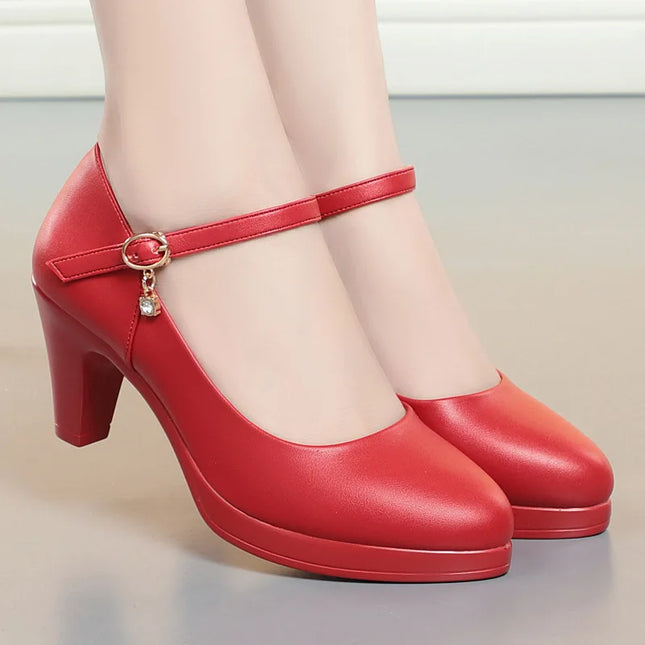 6.5cm Breathable Fashion Soft Leather Silver Red Wedding Shoes Woman Med Block Heels 2026 Platform Pumps Women for Office Mom