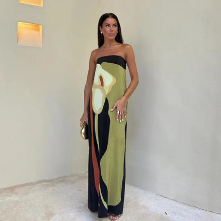 Sexy Strapless Backless Printed Long Dress Sleeveless Off Shoulder Summer Party Evening Robes