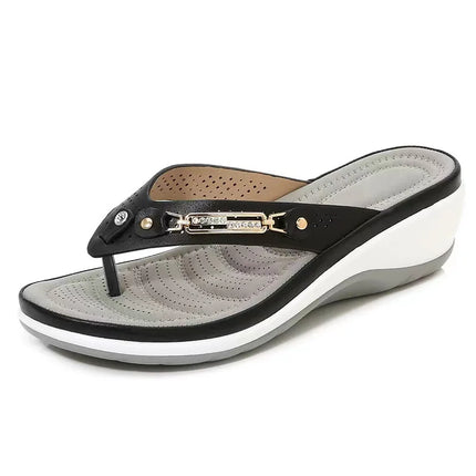 Black thong wedge sandal with metallic strap details