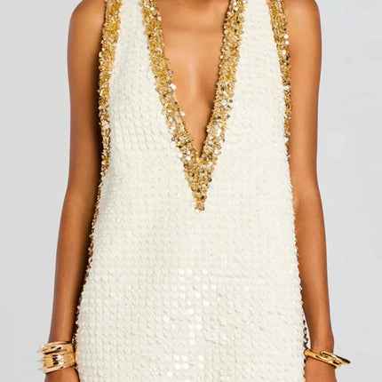 Elegant Sequined Tank Dress Summer Clothes Women 2026 Deep V-Neck Sleeveless Mini Dresses Evening Party Club CHIC Dress Vestidos