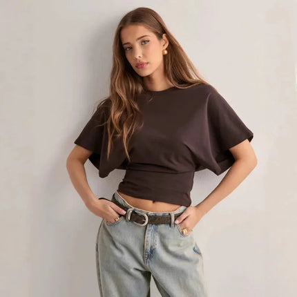 Women's T-shirts Crew Neck Ruched Waist Slim Fit Solid Color Casual Cropped Tee Summer Streetwear Basic Daily Wear Top