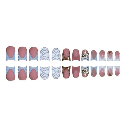 24pcs Short Duckbill False Nails Wearable Blue French Fake Nails Star Flash Rhinestones Decor Gradient Y2k Nails Press on Nail