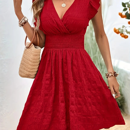 Elegant Directional Textured Fabric Waist-Tied A-Line Ruffled Sleeve Dress