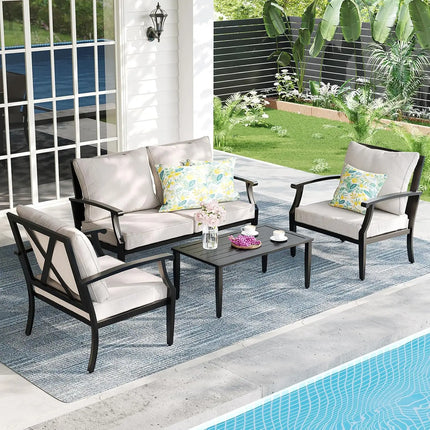 4-Piece Patio Furniture Set, Wider Outdoor Metal Seating Sofa with High Back & Loveseat, Coffee Table, All Weather, Customized
