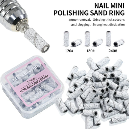 50Pc 3.1mm Mini Nail Sanding Bands 120# 80# 240# Cuticle Polishing Sand Ring Stainless Steel Nail Drill Bit Gel Remove Tools Set