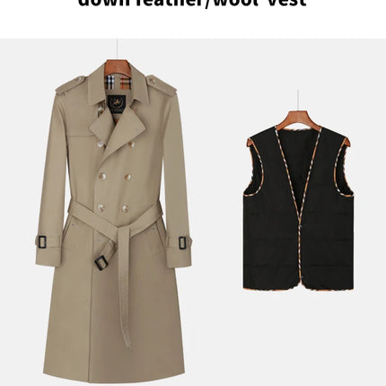 Men's trench coat long knee length with double breasted British plaid cotton lining down inner lining windbreaker mens