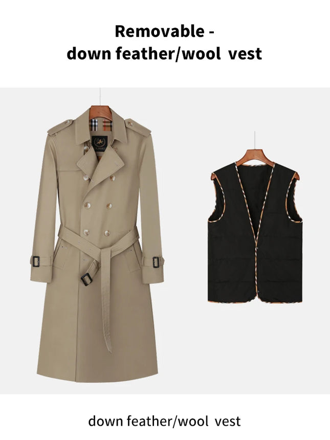 Gabardina para hombre larga hasta la rodilla con doble botonadura, forro interior de algodón a cuadros británico, cortavientos para hombre