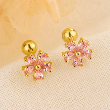 Korean Fashion Pink Zirconic Bear Screw Earrings For Women Girls Cute Animal Cartilage Helix Tragus Ear Piercing Jewelry Gift