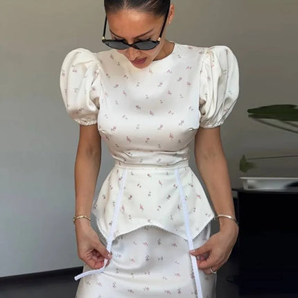 Women's White Floral Print Puff Sleeve Dress With Waistband Fashion Satin Ruffled Hem Maxi Dress Lady 2026 Elegant Party Robes