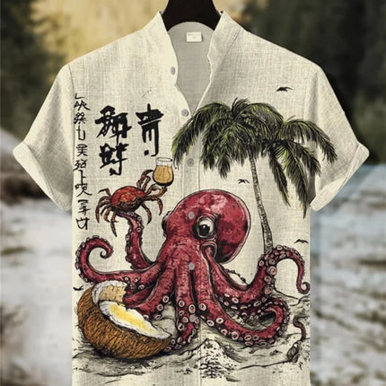 Men's Quirky Retro Cat Printed Linen Shirt Short Sleeve Fashionable Stand up Collar Outdoor Casual Party Wear