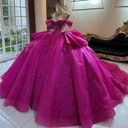 ANGELSBRIDEP Shiny Fuchsia Quinceanera Dresses With Bow Glittering Beading Lace Crystal Vestidos De 15 Anos Birthday Party Prom