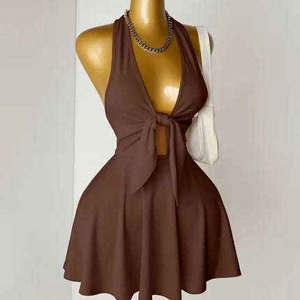 Halter Deep V Front Tie Cut Out Mini Dress Summer Y2K Night Club Party Flare Skirt Dresses