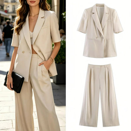 Women's Two Piece Suit Summer 2026 Double Breasted Short Sleeve Blazer High Waist Wide Leg Trousers Female Commute Office Set