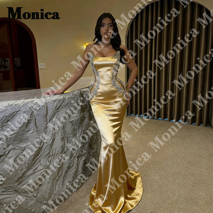 MONICA Trendy Strapless Evening Dresses for Women Rhinestones Mermaid Cut-out Sleeveless Vestidos De Noche Customized Plus Size