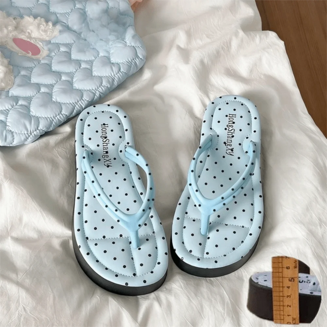 Cute Polka Dot Platform Flip Flops Thick Sole Non-Slip Thong Sandals Breathable Beach Slippers Summer