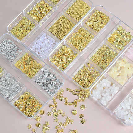 6 Grids Metal Summer Ocean Nail Art Charms 3D Shell Starfish Seahorse Caviar Beads Alloy Nail Jewelry Mixed Manicure Studs Decor