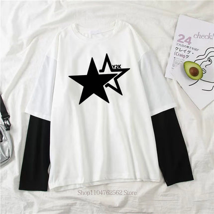 Women Star Y2K Print Graphic Fake Two Long Sleeved T-shirts Fashion Gothic Retro Casual Loose Fake Two Long Sleeved T Shirt