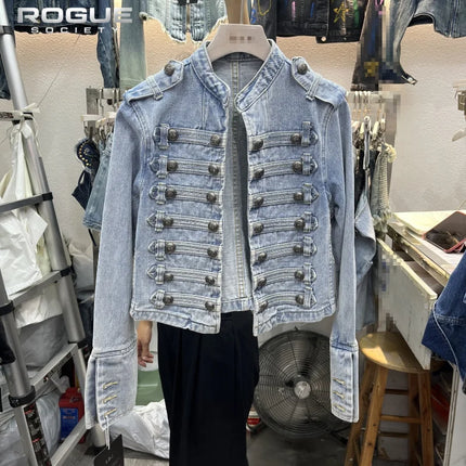 Denim Jacket Women Boxy Coat Y2K Retro Hussars Jacket Stand Collar Double Breasted Button Cropped Jacket Napoleon Old Money Men