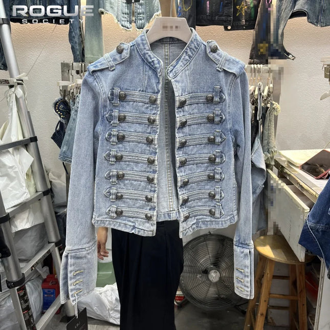Chaqueta Vaquera Mujer Abrigo Holgado Y2K Retro Chaqueta Húsares Cuello Mao Doble Botonadura Chaqueta Corta Botones Napoleón Old Money Hombre