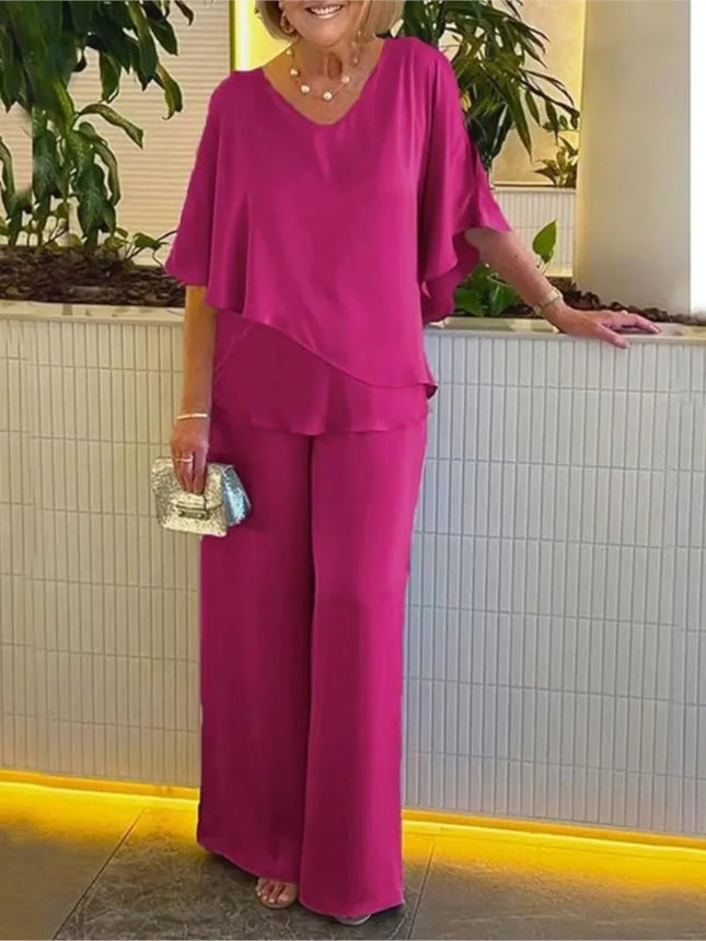 Sommer Neuer unifarbener Rundhals Kurzarm Damenanzug Lässiges lockeres unregelmäßiges Oberteil Elegante Damen-Jumpsuits Büro 2-teiliges Set