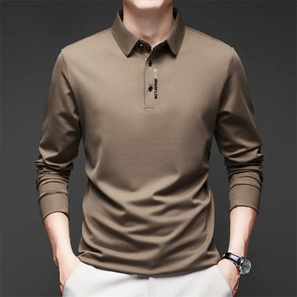 New Men's Business Casual Long Sleeved Shirt with Badge Solid Color Polo Shirt Fashionable Breathable - product image 2