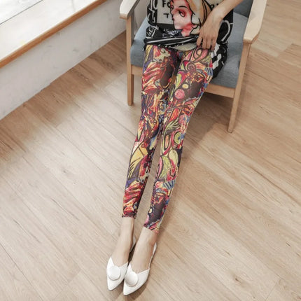 Summer Thin Mesh Fashion Printing Women Leggings Cool Breathable Stretch Lolita Hottie Sexy Slimming Gauze Cropped Pants