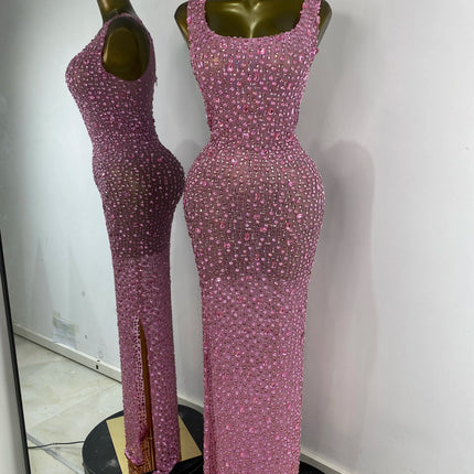 Women Luxury Pink Full Rhinestones Split Maxi Long Dress Birthday Evening Party Nightclub Stage Costomes Celebrity Prom Gowns
