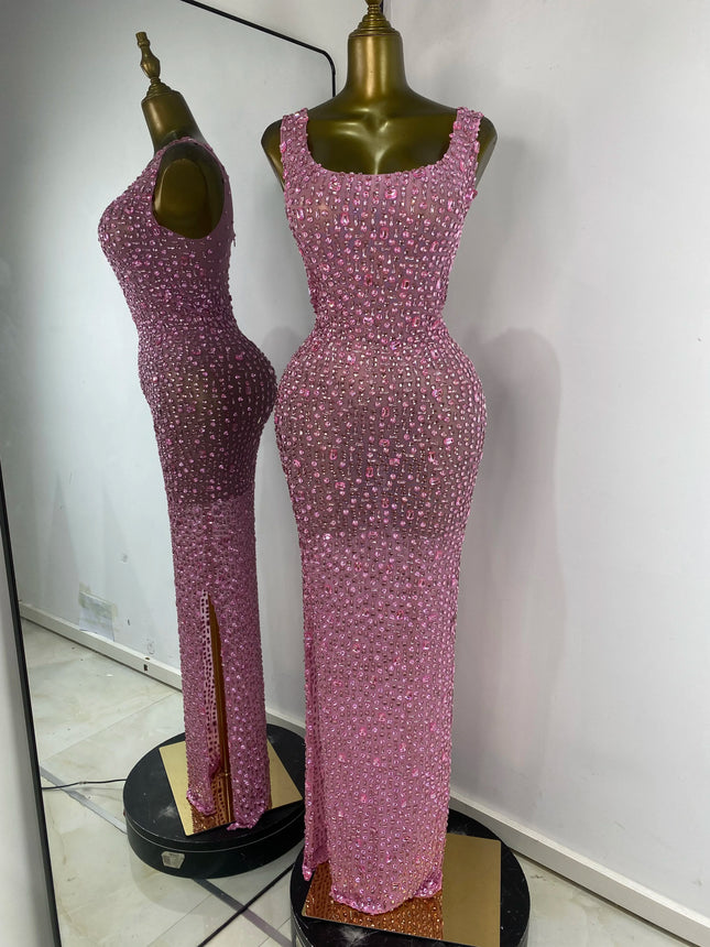 Damen Luxus Rosa Volle Strasssteine Split Maxi Langes Kleid Geburtstag Abendparty Nachtclub Bühnenkostüme Promi Abschlussballkleider