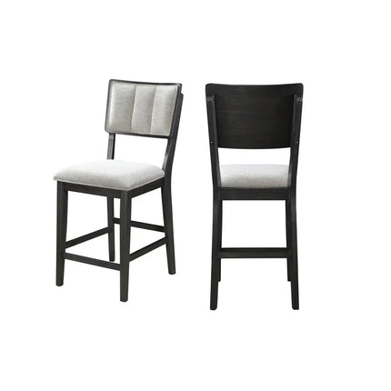5pc Farmhouse Dining Set with Round Table, Black Gray Natural Grain, Integrated Turntable, Drop Leaves, Built-in Shelving, Fabric Upholstered Chairs