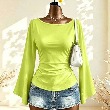 Boat Neck Flare Long Sleeve Side Ruched Fitted Casual Blouse Slim Fit Basic Top