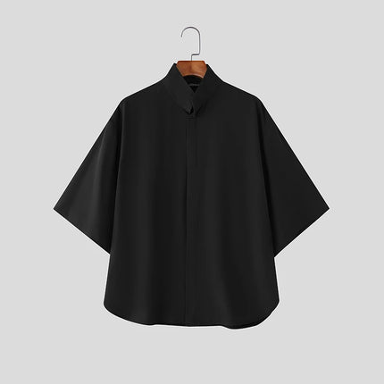 INCERUN Men Shirt Solid Stand Collar Short Sleeve Men Clothing Loose Korean Style Streetwear Fashion Casual Tops Male Shirts